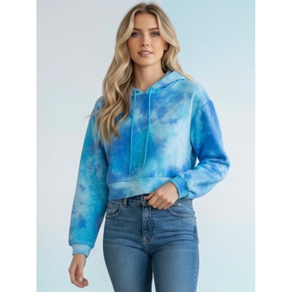 M.N.I Los Angeles Blue Tie Dye Cropped Hoodie Sweatshirt MT0191 Large